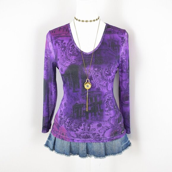 VTG 00s Y2K Guess Purple & Black Sheer Mesh Collage Graphic 3/4 Sleeve Top Sz M - Picture 1 of 6